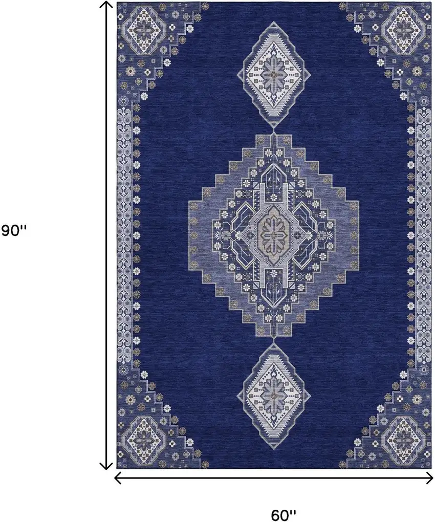 Navy Blue Ivory And Gray Oriental Washable Area Rug With UV Protection Photo 7