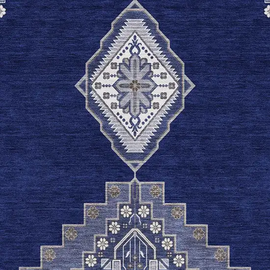 Navy Blue Ivory And Gray Oriental Washable Area Rug With UV Protection Photo 3