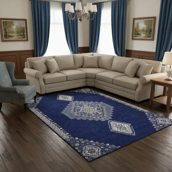 Navy Blue Ivory And Gray Oriental Washable Area Rug With UV Protection Photo 2