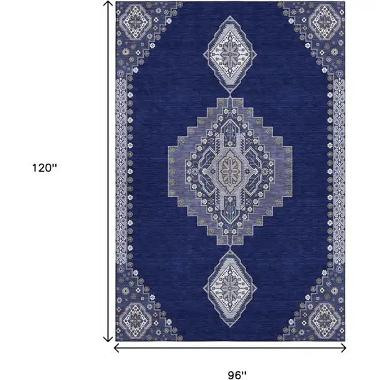 Navy Blue Ivory And Gray Oriental Washable Area Rug With UV Protection Photo 7