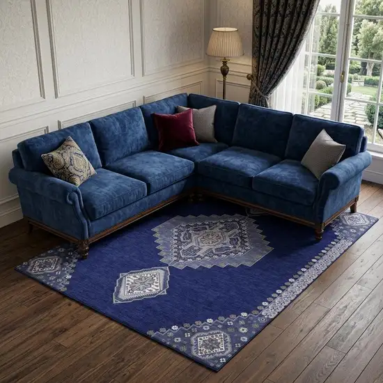Navy Blue Ivory And Gray Oriental Washable Area Rug With UV Protection Photo 1