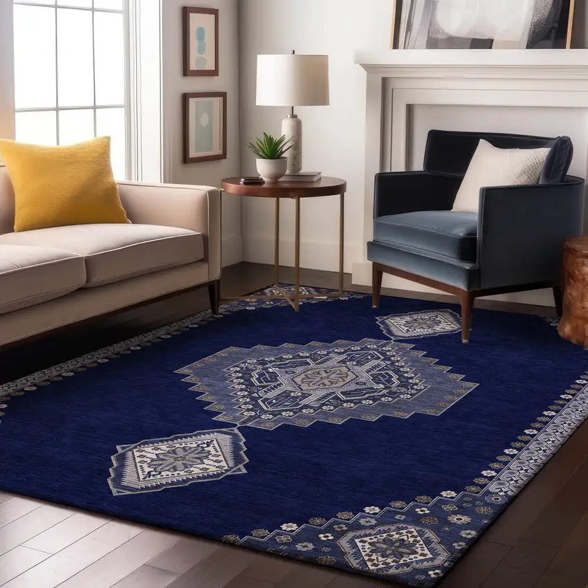 Navy Blue Ivory And Gray Oriental Washable Area Rug With UV Protection Photo 4