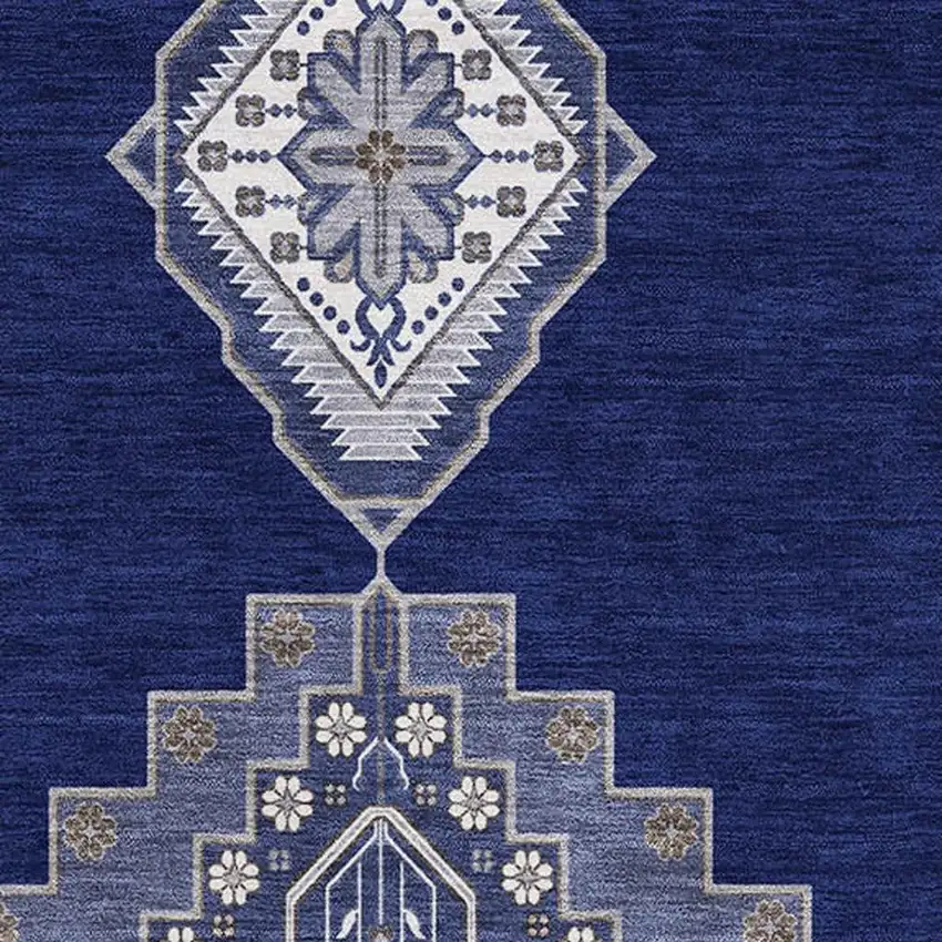 Navy Blue Ivory And Gray Oriental Washable Area Rug With UV Protection Photo 2