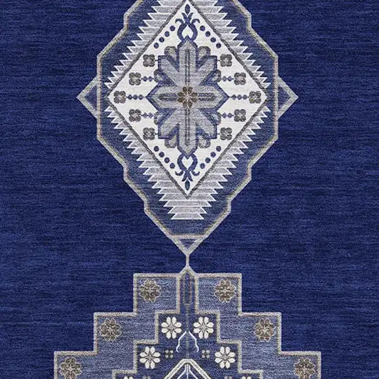 Navy Blue Ivory And Gray Oriental Washable Area Rug With UV Protection Photo 2