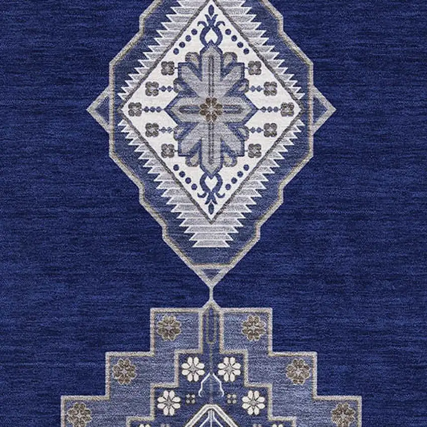 Navy Blue Ivory And Gray Oriental Washable Area Rug With UV Protection Photo 2