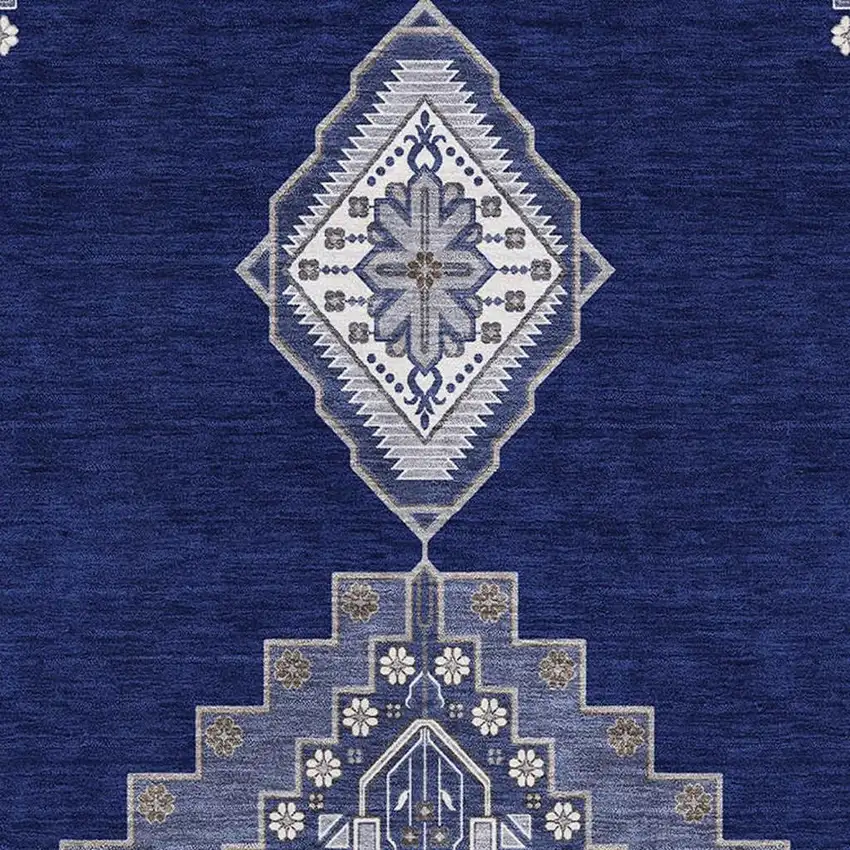 Navy Blue Ivory And Gray Oriental Washable Area Rug With UV Protection Photo 3