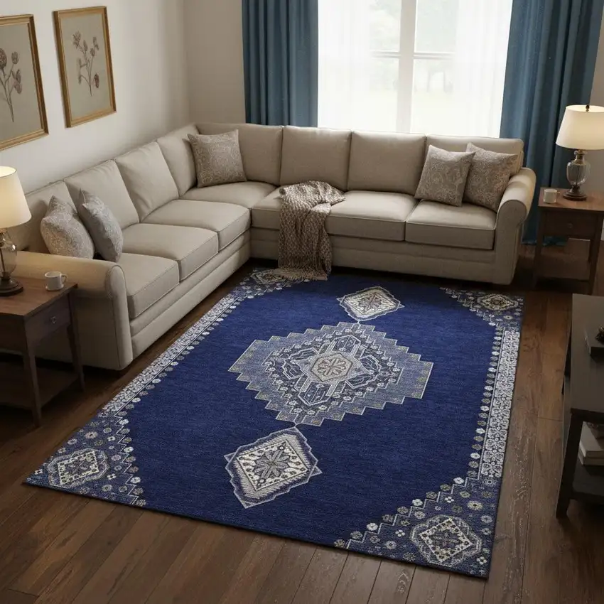 Navy Blue Ivory And Gray Oriental Washable Area Rug With UV Protection Photo 2