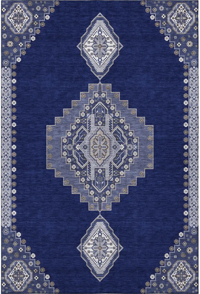 Navy Blue Ivory And Gray Oriental Washable Area Rug With UV Protection Photo 2