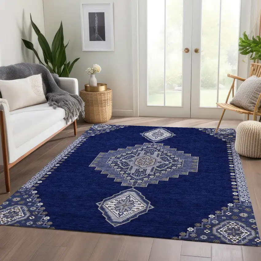 Navy Blue Ivory And Gray Oriental Washable Area Rug With UV Protection Photo 4