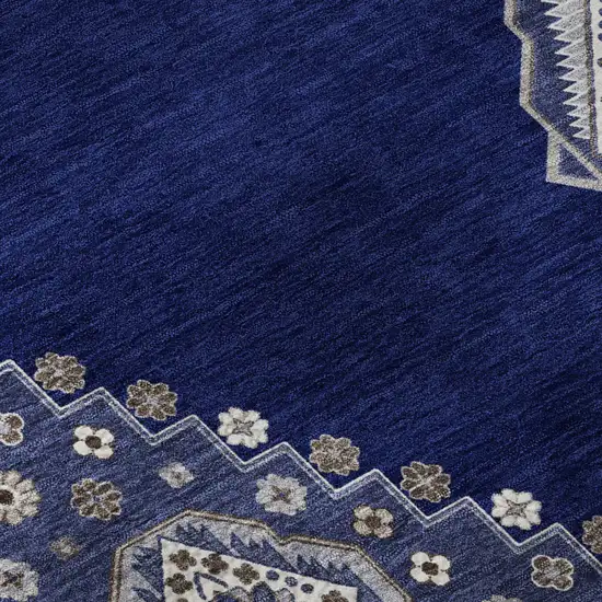 Navy Blue Ivory And Gray Oriental Washable Area Rug With UV Protection Photo 8