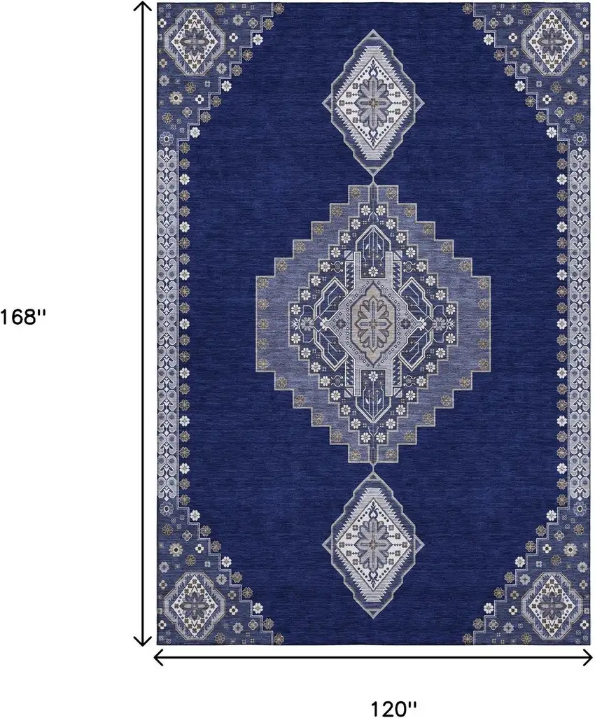 Navy Blue Ivory And Gray Oriental Washable Area Rug With UV Protection Photo 9