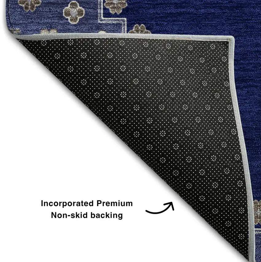 Navy Blue Ivory And Gray Oriental Washable Area Rug With UV Protection Photo 5