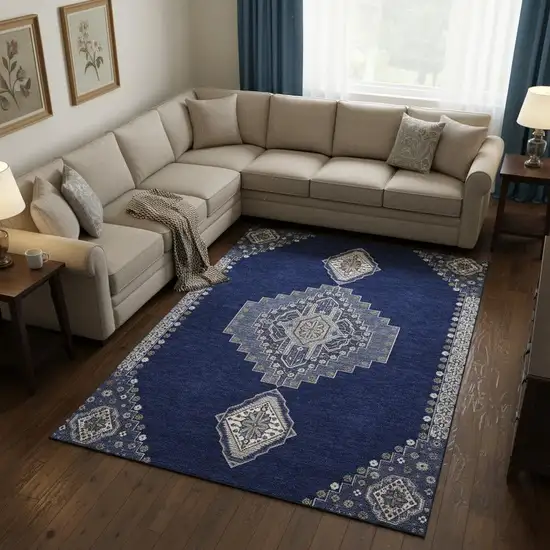 Navy Blue Ivory And Gray Oriental Washable Area Rug With UV Protection Photo 2