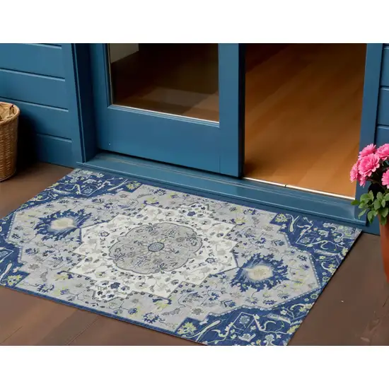 Navy Blue Ivory And Gray Oriental Washable Indoor Outdoor Area Rug Photo 1