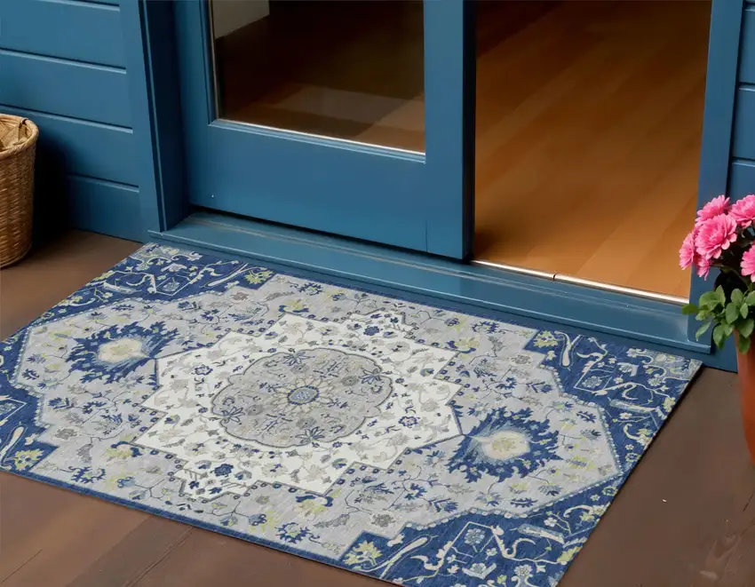 Navy Blue Ivory And Gray Oriental Washable Indoor Outdoor Area Rug Photo 1