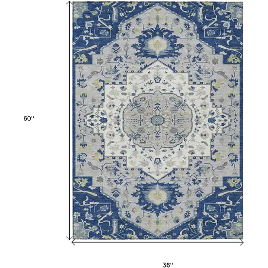 Navy Blue Ivory And Gray Oriental Washable Indoor Outdoor Area Rug Photo 3