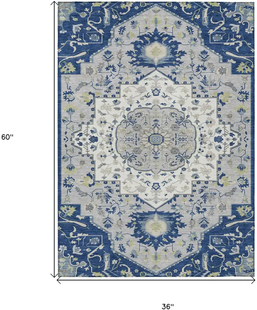 Navy Blue Ivory And Gray Oriental Washable Indoor Outdoor Area Rug Photo 3