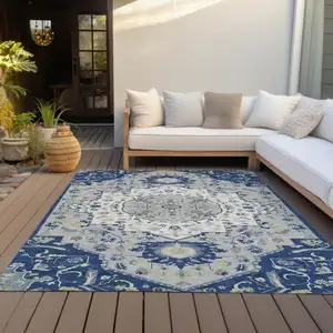 Photo of Navy Blue Ivory And Gray Oriental Washable Indoor Outdoor Area Rug