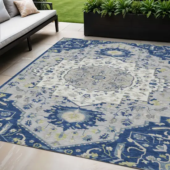 Navy Blue Ivory And Gray Oriental Washable Indoor Outdoor Area Rug Photo 1