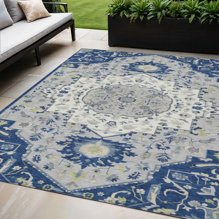 Navy Blue Ivory And Gray Oriental Washable Indoor Outdoor Area Rug Photo 1