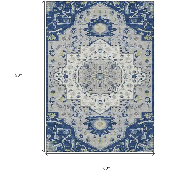 Navy Blue Ivory And Gray Oriental Washable Indoor Outdoor Area Rug Photo 3