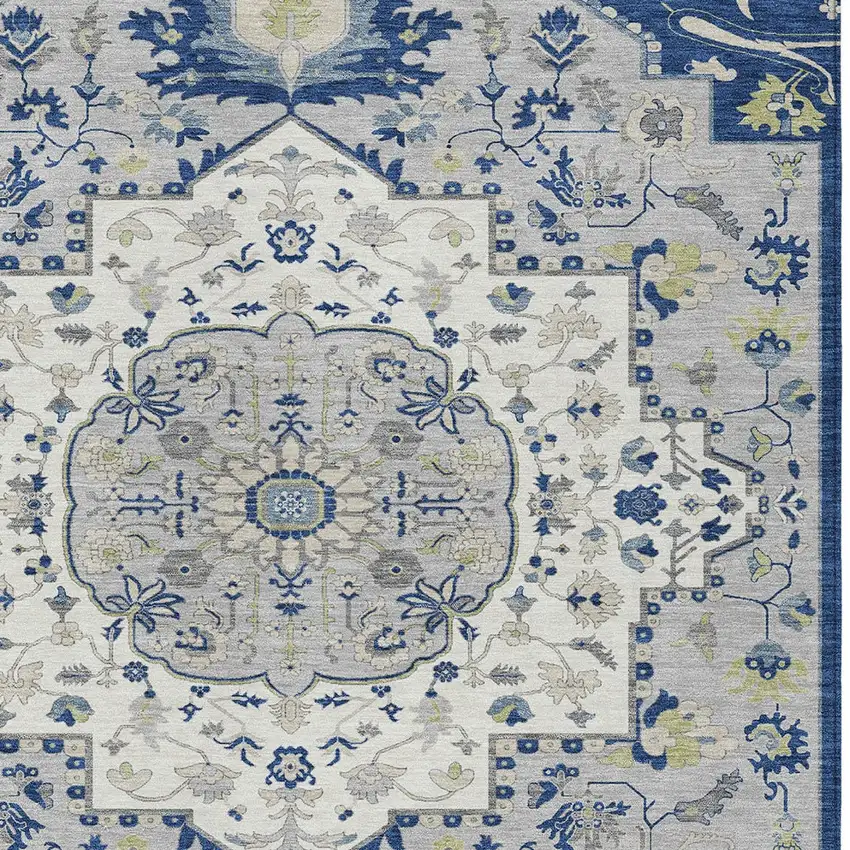 Navy Blue Ivory And Gray Oriental Washable Indoor Outdoor Area Rug Photo 5