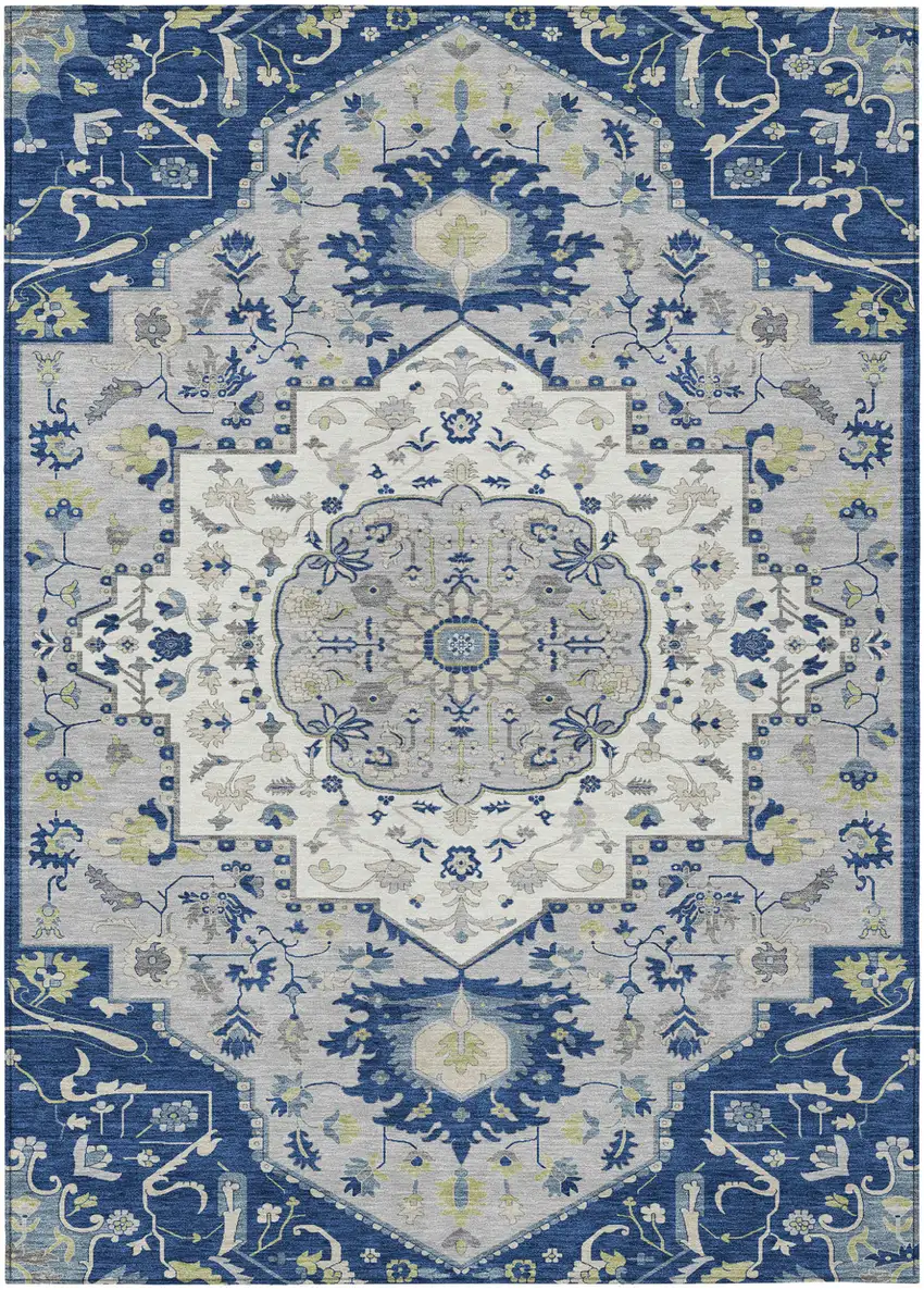 Navy Blue Ivory And Gray Oriental Washable Indoor Outdoor Area Rug Photo 2