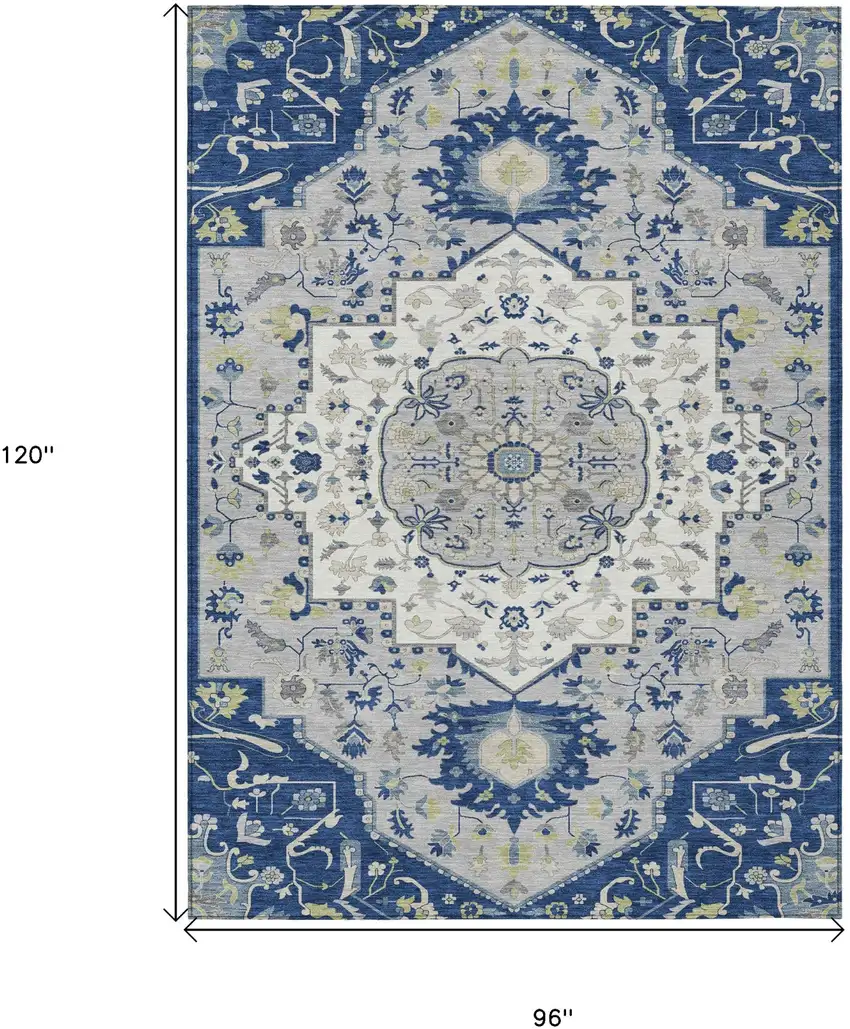 Navy Blue Ivory And Gray Oriental Washable Indoor Outdoor Area Rug Photo 3