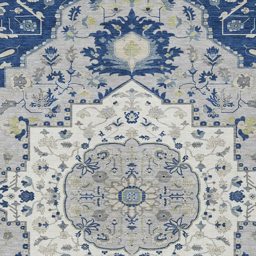 Navy Blue Ivory And Gray Oriental Washable Indoor Outdoor Area Rug Photo 5