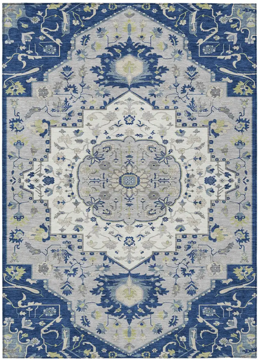 Navy Blue Ivory And Gray Oriental Washable Indoor Outdoor Area Rug Photo 2
