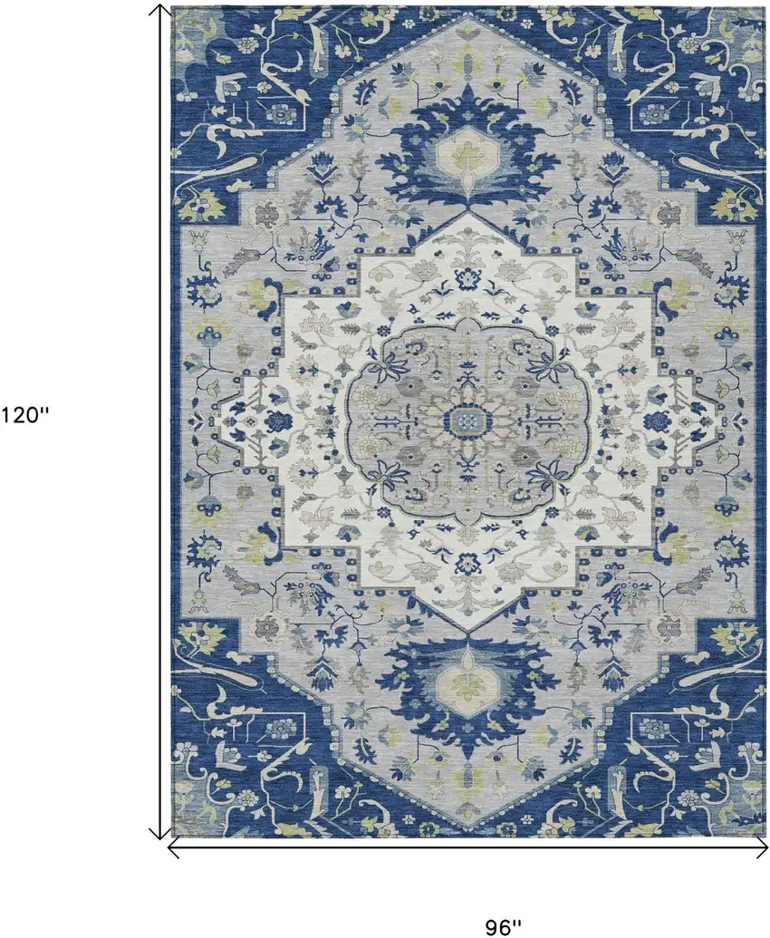 Navy Blue Ivory And Gray Oriental Washable Indoor Outdoor Area Rug Photo 6