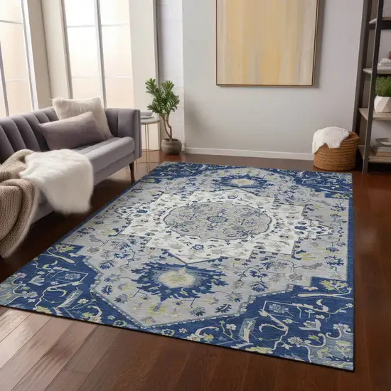 Navy Blue Ivory And Gray Oriental Washable Indoor Outdoor Area Rug Photo 8