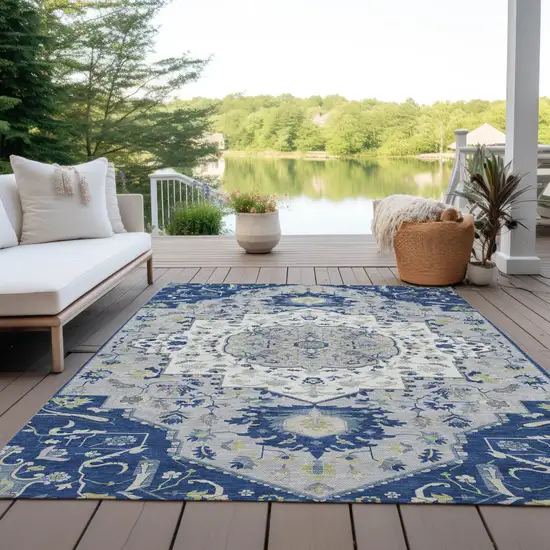Navy Blue Ivory And Gray Oriental Washable Indoor Outdoor Area Rug Photo 9