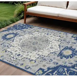 Photo of Navy Blue Ivory And Gray Oriental Washable Indoor Outdoor Area Rug
