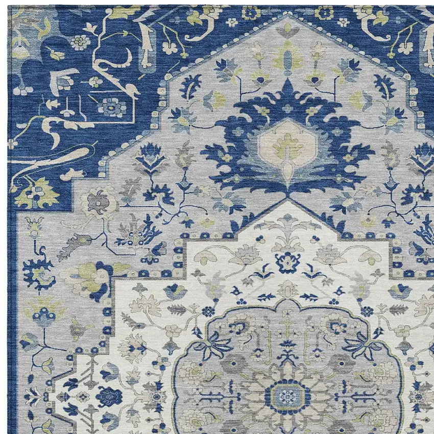 Navy Blue Ivory And Gray Oriental Washable Indoor Outdoor Area Rug Photo 5