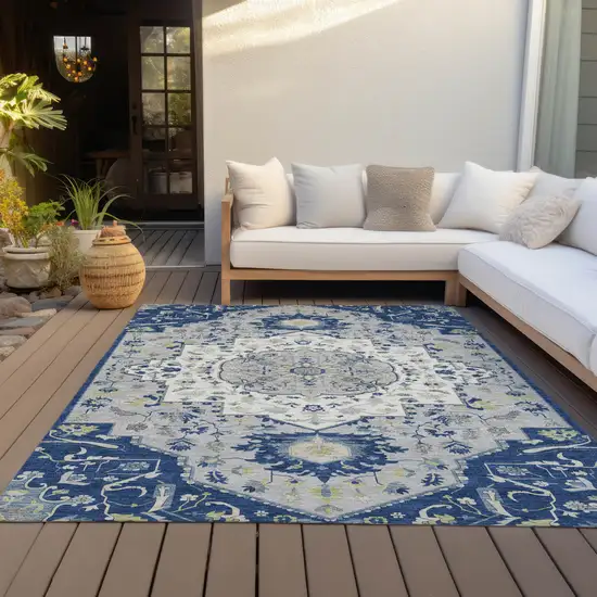 Navy Blue Ivory And Gray Oriental Washable Indoor Outdoor Area Rug Photo 7
