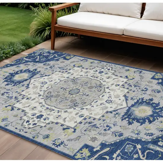Navy Blue Ivory And Gray Oriental Washable Indoor Outdoor Area Rug Photo 1