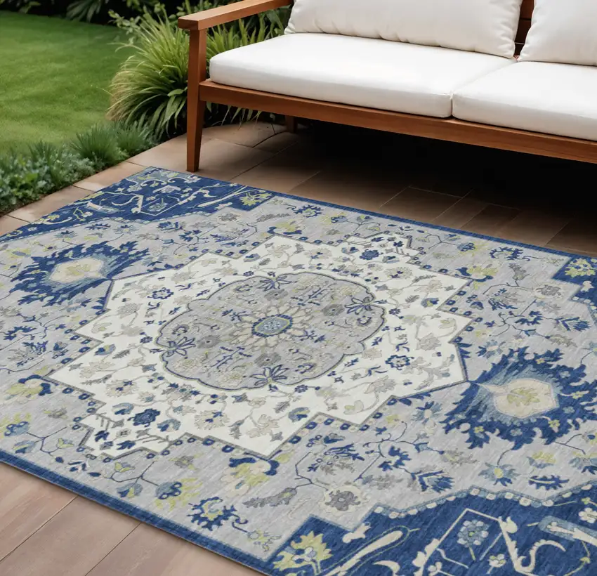 Navy Blue Ivory And Gray Oriental Washable Indoor Outdoor Area Rug Photo 1