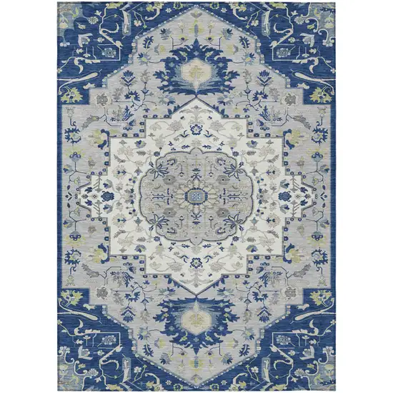 Navy Blue Ivory And Gray Oriental Washable Indoor Outdoor Area Rug Photo 2