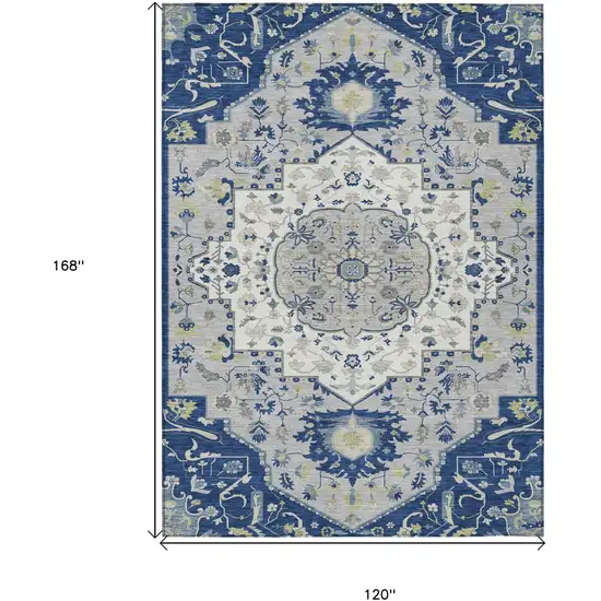Navy Blue Ivory And Gray Oriental Washable Indoor Outdoor Area Rug Photo 3