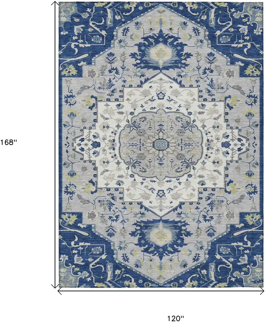 Navy Blue Ivory And Gray Oriental Washable Indoor Outdoor Area Rug Photo 3