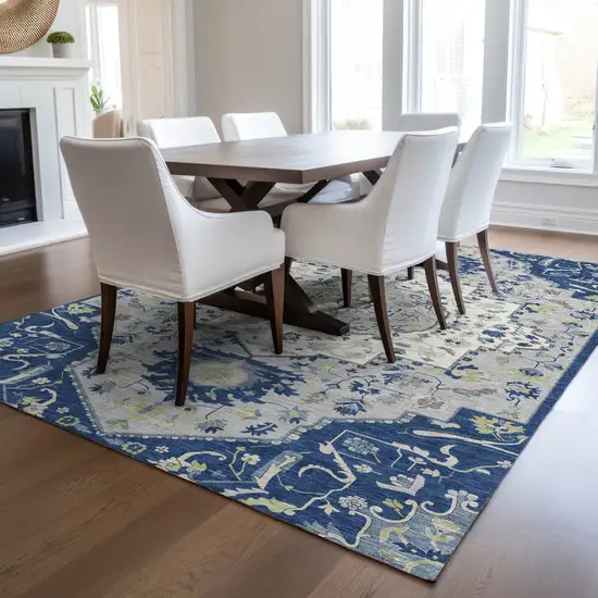 Navy Blue Ivory And Gray Oriental Washable Indoor Outdoor Area Rug Photo 9