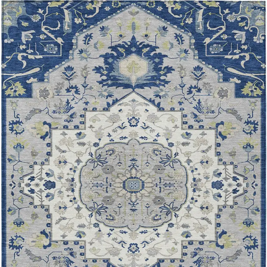 Navy Blue Ivory And Gray Oriental Washable Indoor Outdoor Area Rug Photo 6