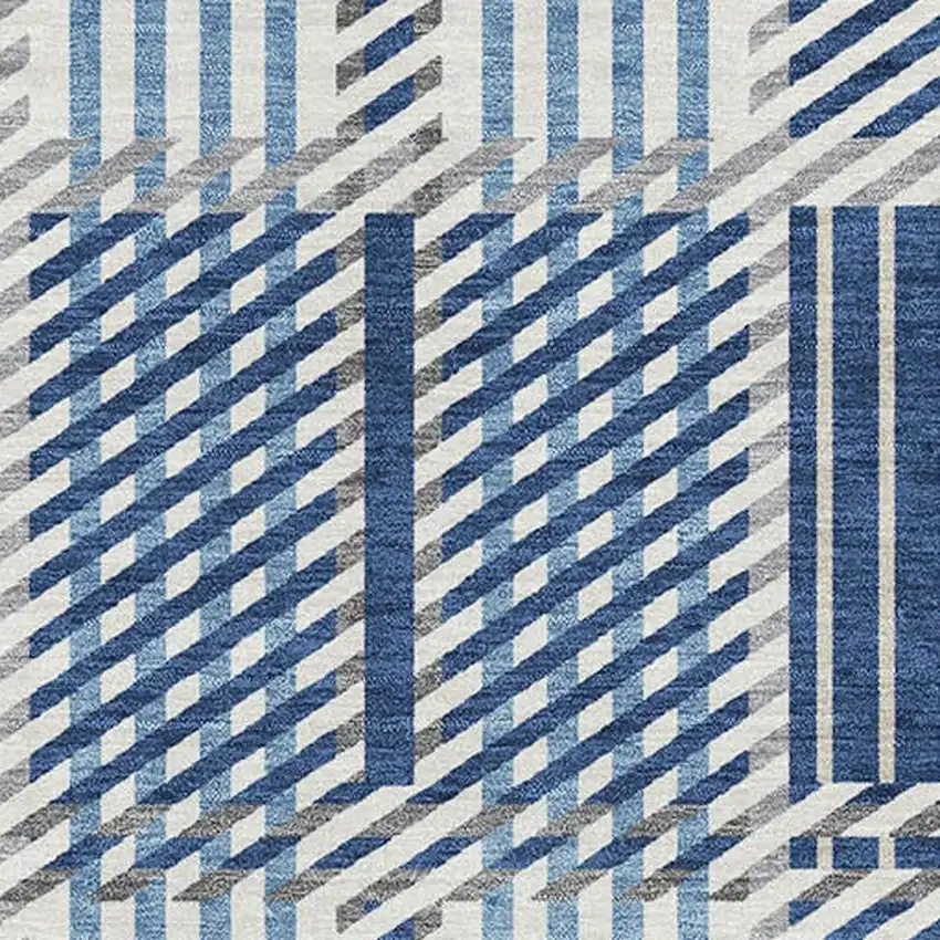 Navy Blue Ivory And Gray Plaid Washable Area Rug With UV Protection Photo 2