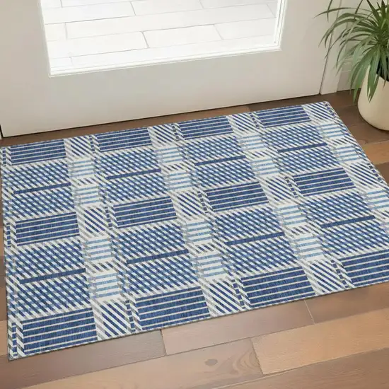 Navy Blue Ivory And Gray Plaid Washable Area Rug With UV Protection Photo 1