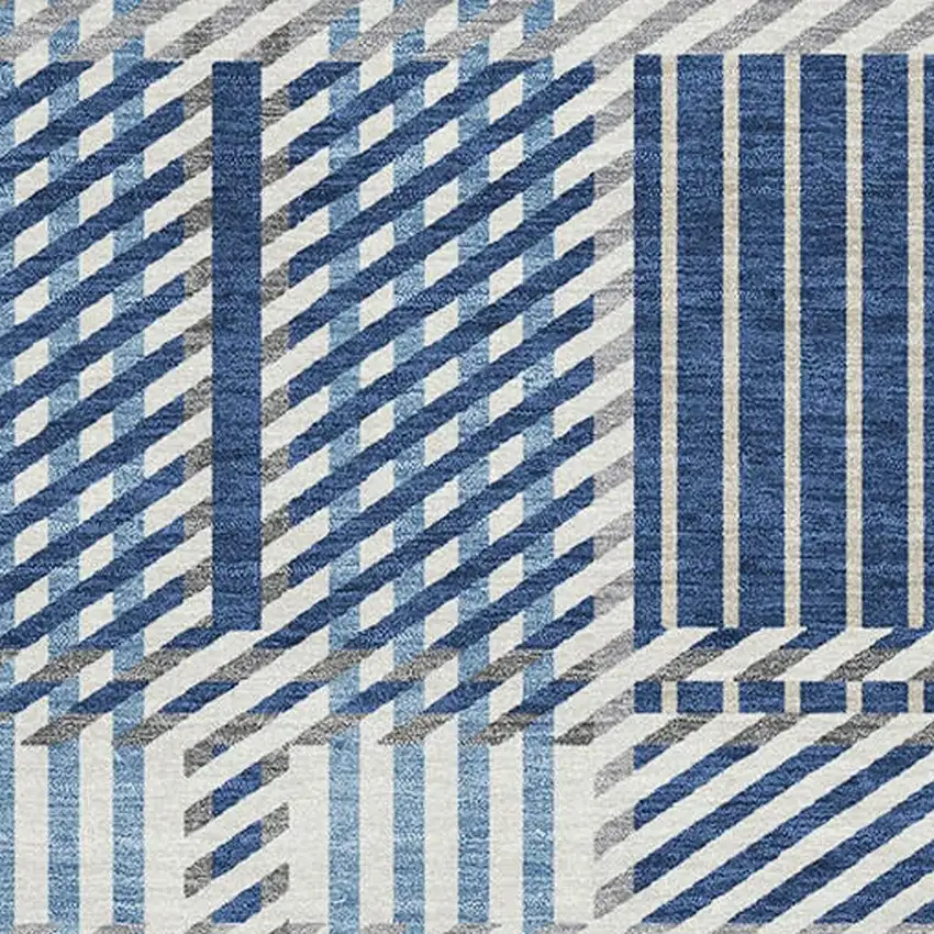 Navy Blue Ivory And Gray Plaid Washable Area Rug With UV Protection Photo 2