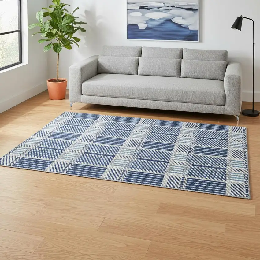 Navy Blue Ivory And Gray Plaid Washable Area Rug With UV Protection Photo 2