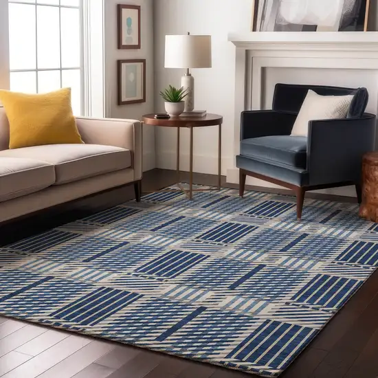 Navy Blue Ivory And Gray Plaid Washable Area Rug With UV Protection Photo 4