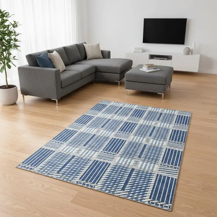 Navy Blue Ivory And Gray Plaid Washable Area Rug With UV Protection Photo 2