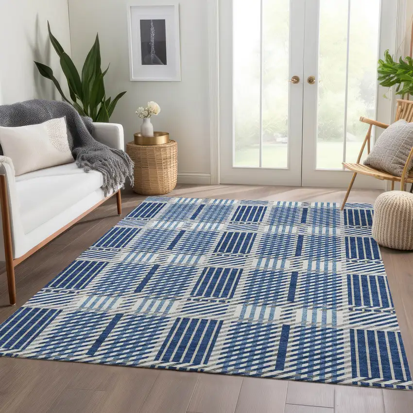 Navy Blue Ivory And Gray Plaid Washable Area Rug With UV Protection Photo 5